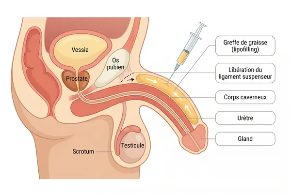 Schema penoplastie chirurgicale : lipofilling et liberation du ligament suspenseur