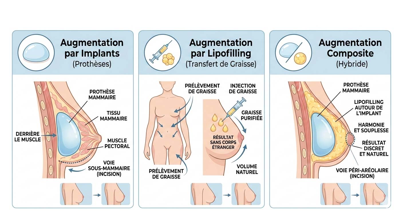 Illustration d'une augmentation mammaire par prothèses, Clinique Médicis Paris